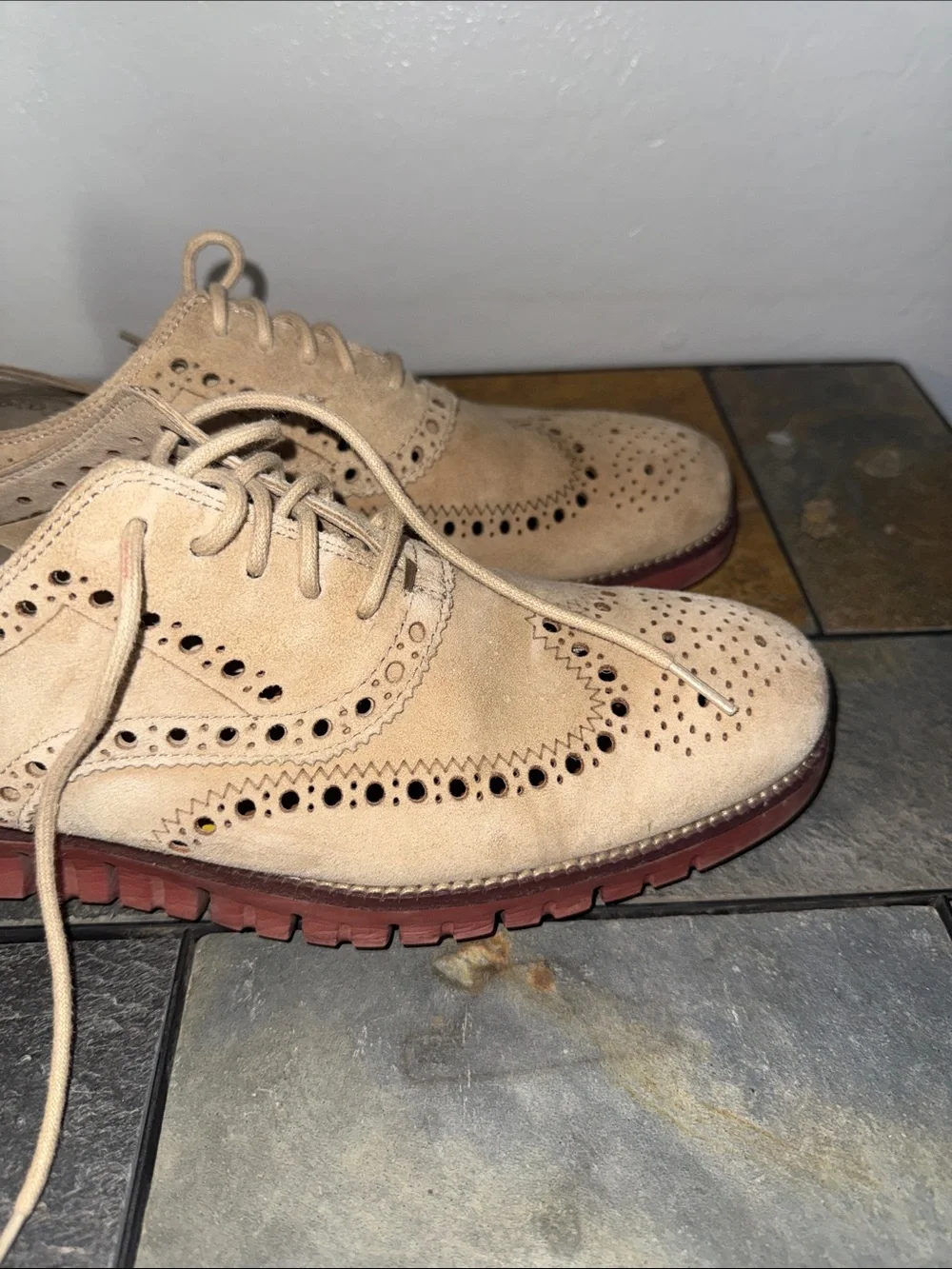 Cole Haan Beige Suede Wingtip Brogue Derby Shoes